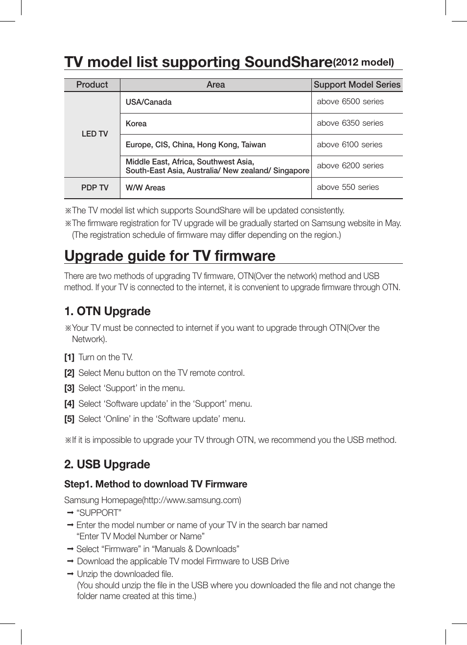 Tv model list supporting soundshare, Upgrade guide for tv firmware, Otn upgrade | Usb upgrade | Samsung DA-E670 User Manual | Page 2 / 3