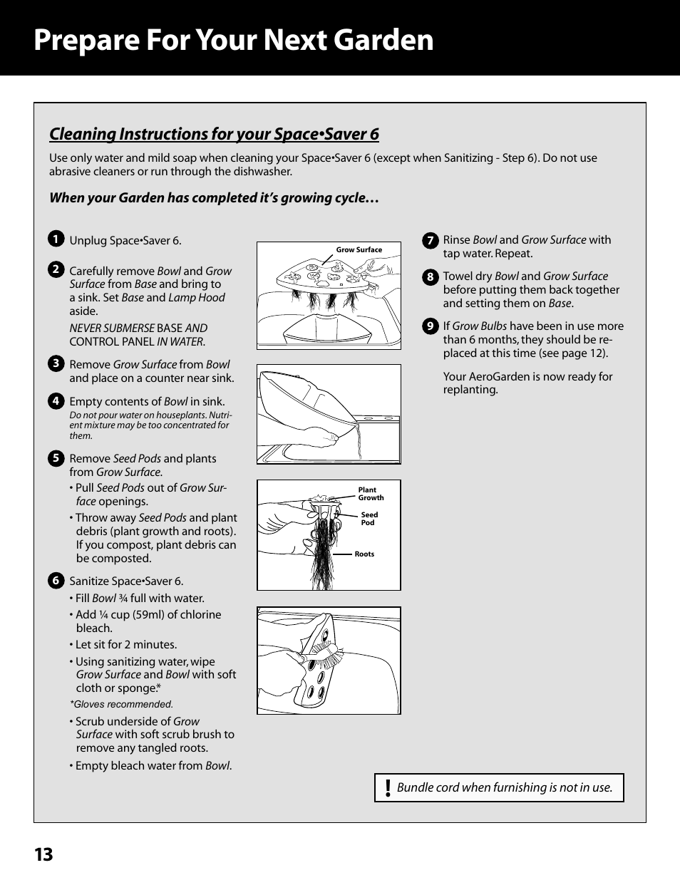 Prepare for your next garden, Cleaning instructions for your space•saver 6 | AeroGarden Space Saver 6 100602-SLR User Manual | Page 14 / 16