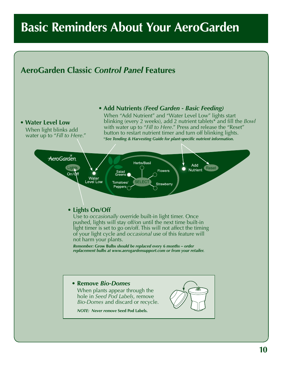 Basic reminders about your aerogarden, Aerogarden classic control panel features | AeroGarden 200629 User Manual | Page 11 / 16