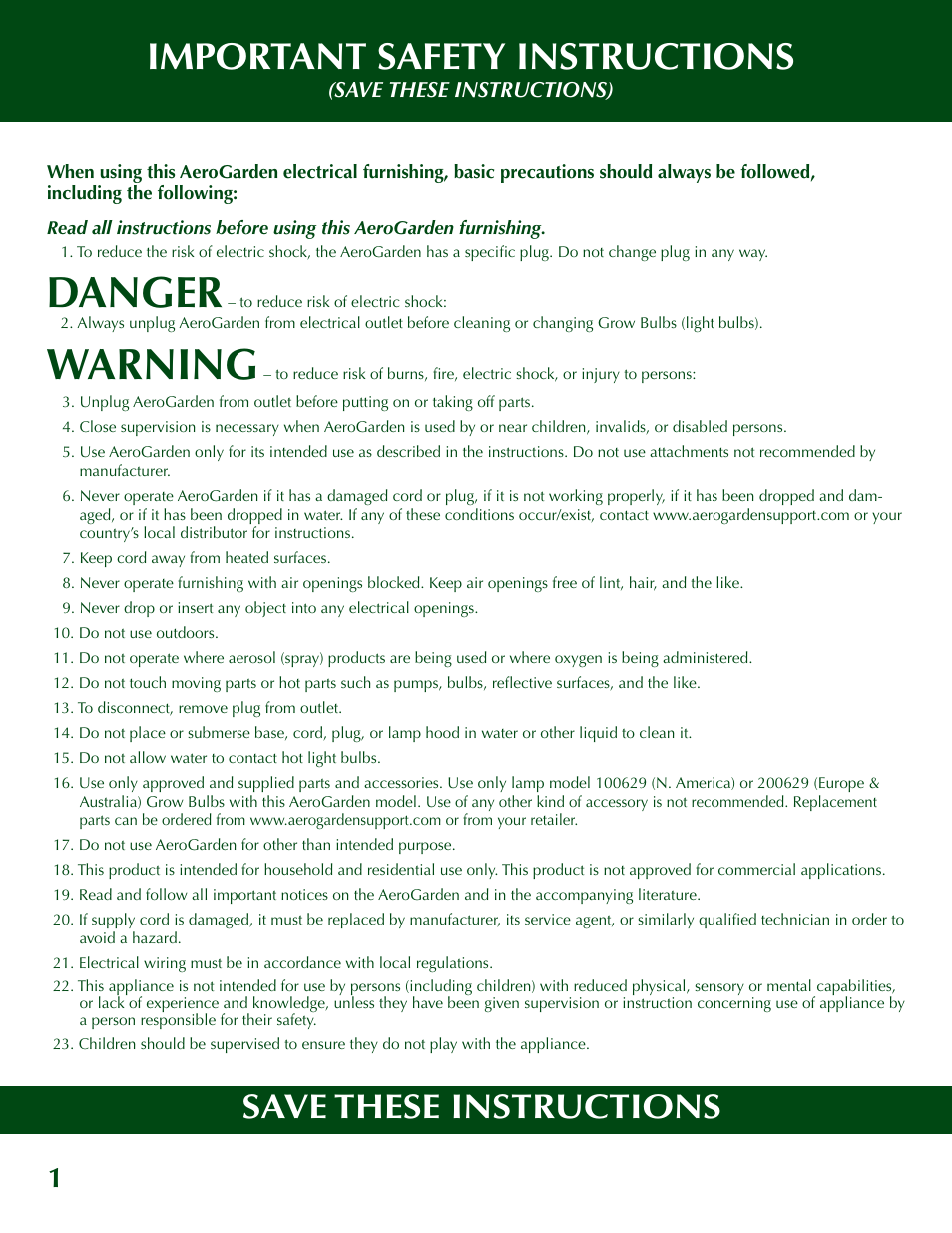 Danger, Warning, Important safety instructions | Save these instructions | AeroGarden 200629 User Manual | Page 2 / 16