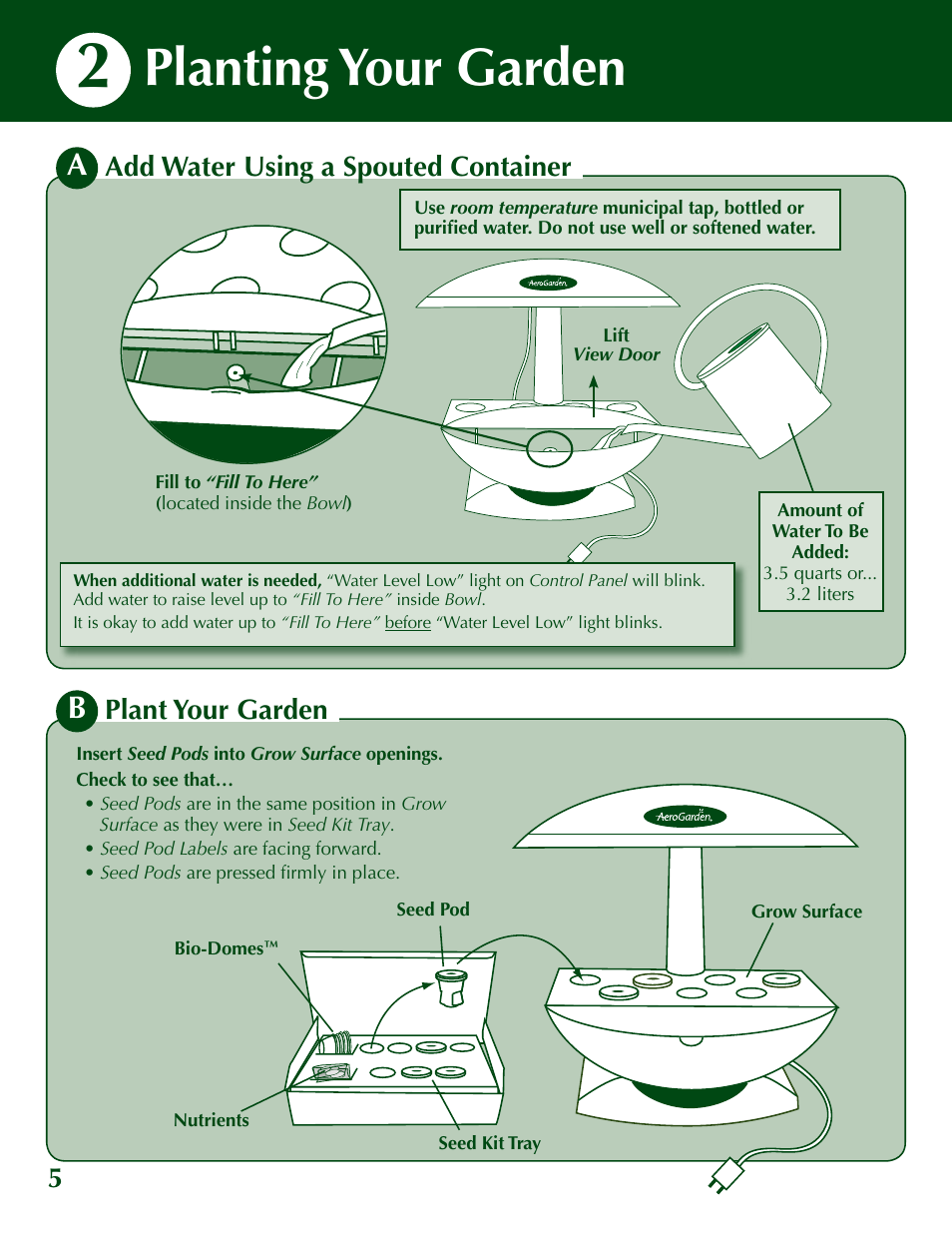 Planting your garden, 5add water using a spouted container, Plant your garden | AeroGarden 200629 User Manual | Page 6 / 16