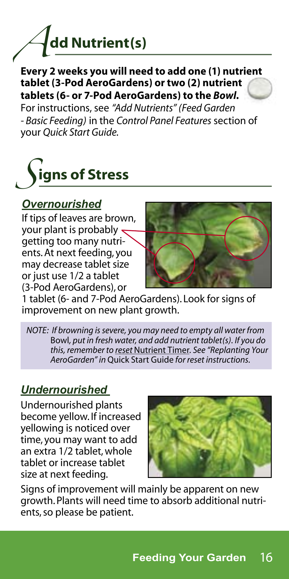 Dd nutrient(s), Igns of stress | AeroGarden 7-Pod User Manual | Page 17 / 32