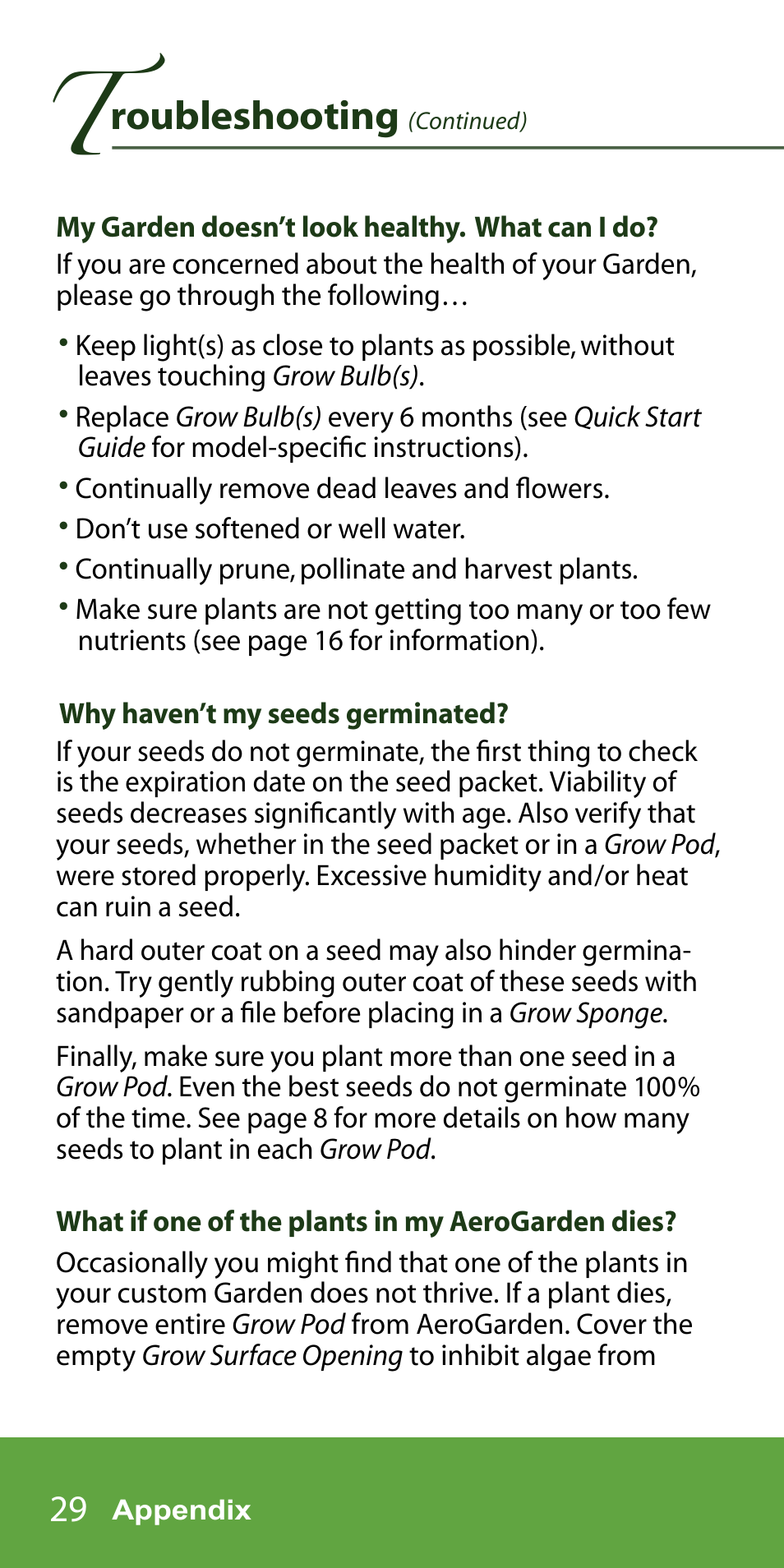 Roubleshooting | AeroGarden 7-Pod User Manual | Page 30 / 32