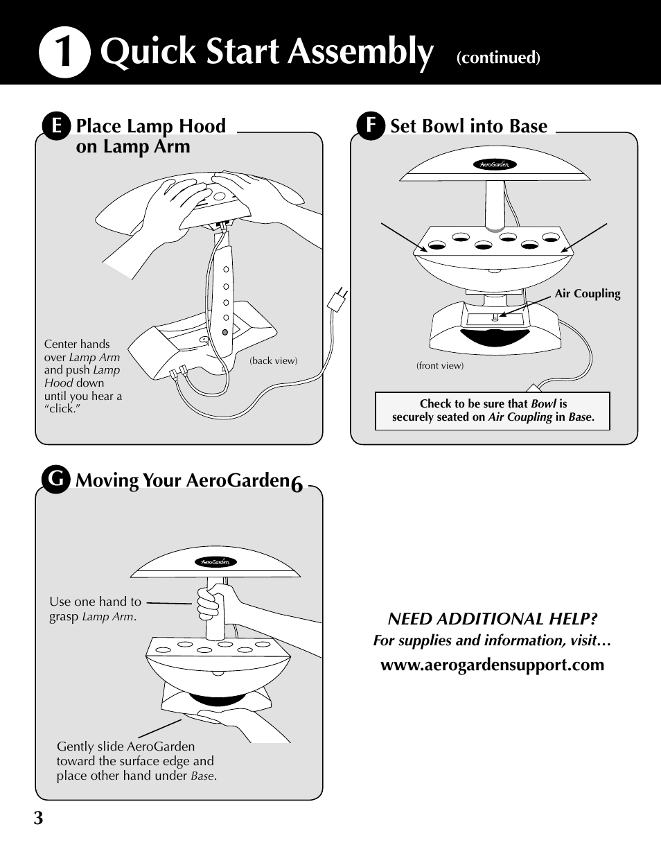 Quick start assembly, Moving your aerogarden, Place lamp hood on lamp arm | Set bowl into base | AeroGarden 100610-SLR User Manual | Page 4 / 16