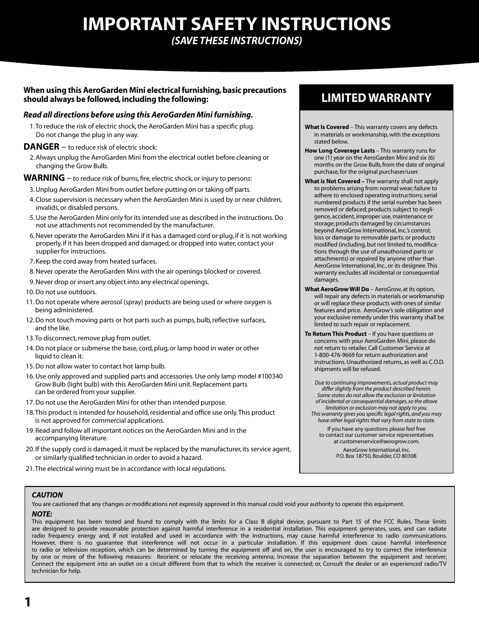 Important safety instructions, Limited warranty, Save these instructions) | Danger, Warning | AeroGarden Mini 300291 User Manual | Page 2 / 12