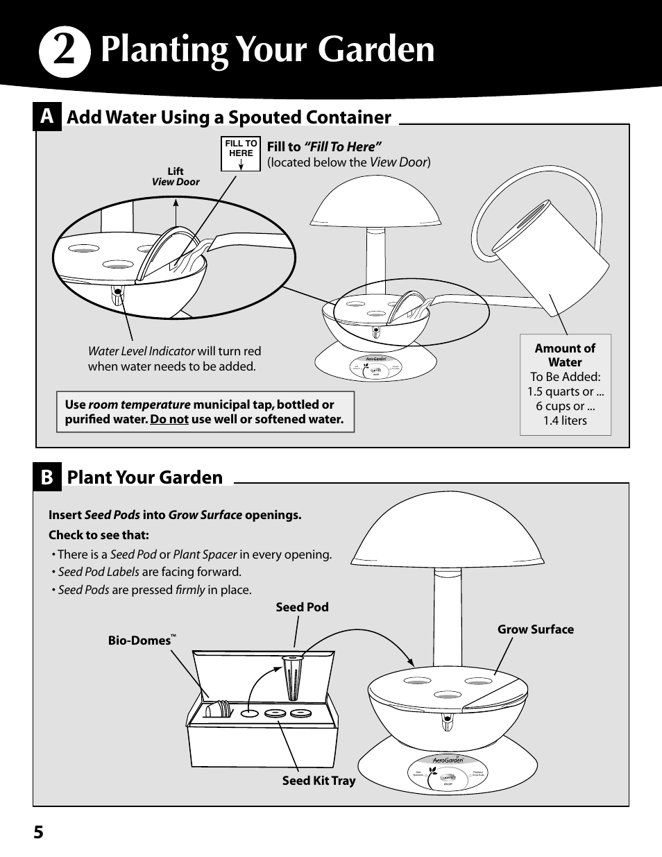 Planting your garden, 5add water using a spouted container, Plant your garden | Fill to “fill to here, View door ) | AeroGarden Mini 300291 User Manual | Page 6 / 12
