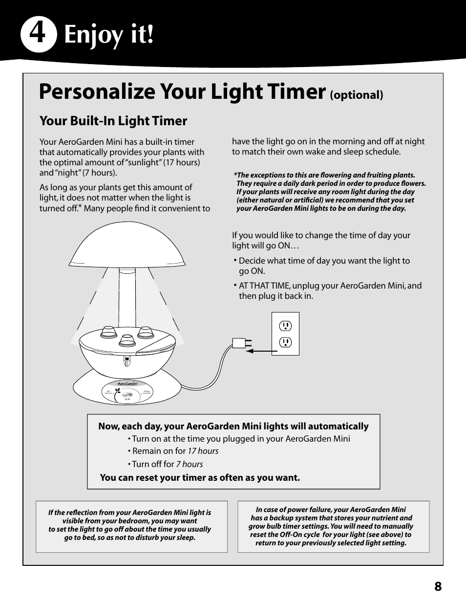 Enjoy it, Personalize your light timer, Your built-in light timer | Optional) | AeroGarden Mini 300291 User Manual | Page 9 / 12