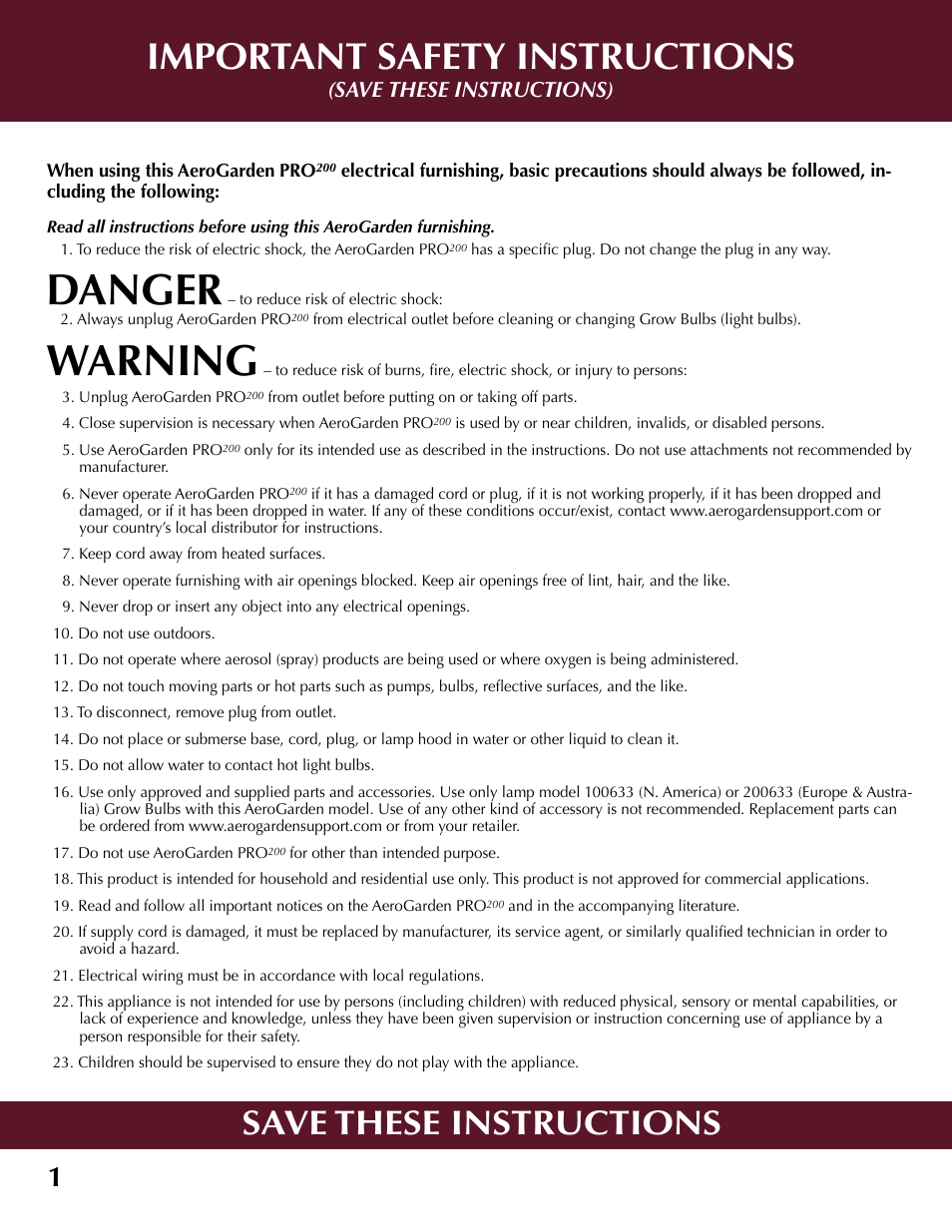Danger, Warning, Important safety instructions | Save these instructions, Save these instructions) | AeroGarden 100733-DSS User Manual | Page 2 / 16