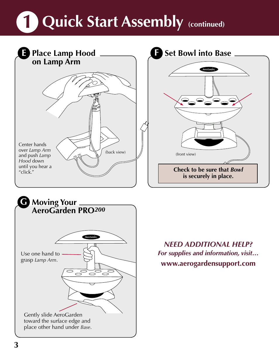 Quick start assembly, Moving your aerogarden pro, Place lamp hood on lamp arm | Set bowl into base | AeroGarden 100733-DSS User Manual | Page 4 / 16