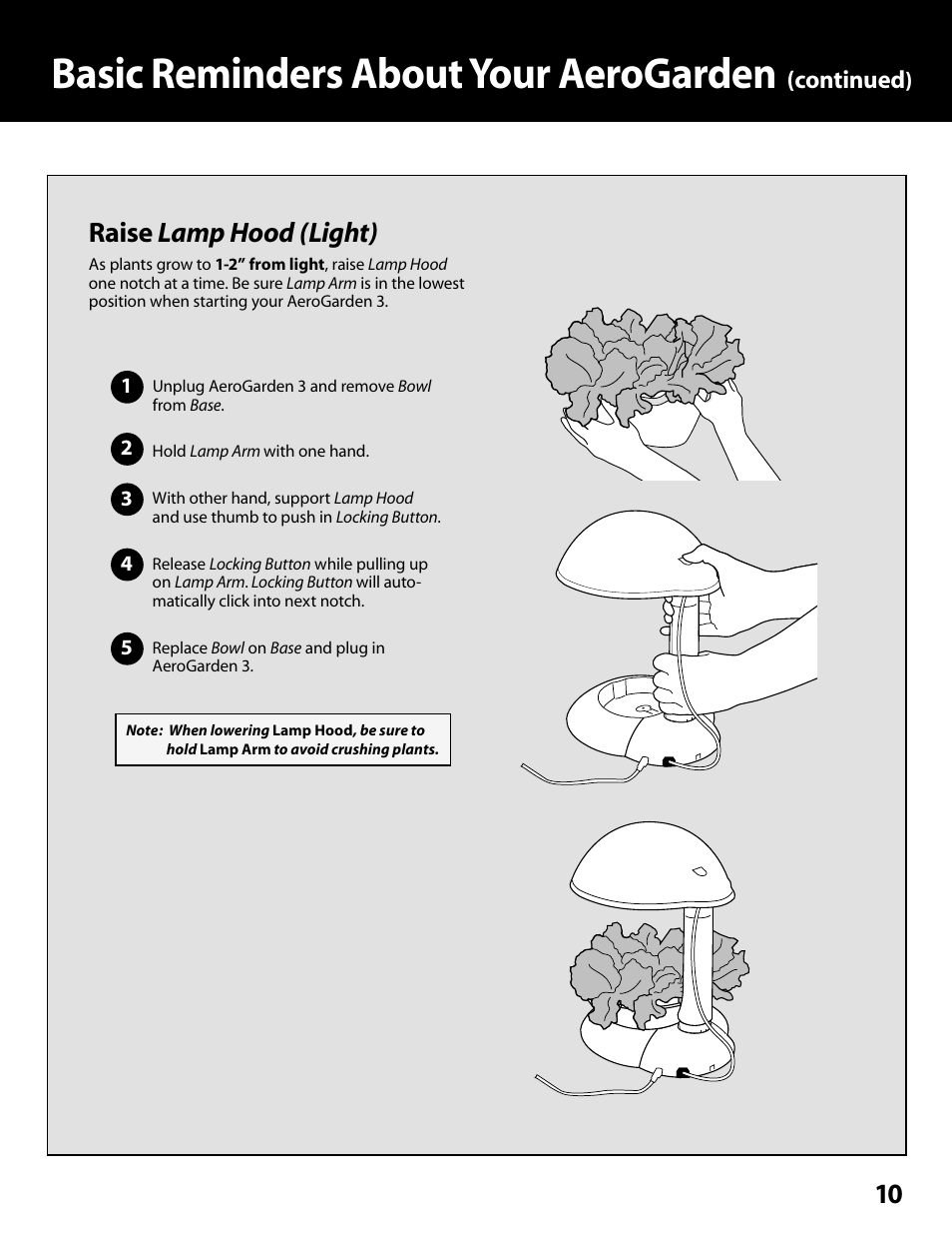 Basic reminders about your aerogarden, Raise, Lamp hood (light) | AeroGarden 100302-WHT User Manual | Page 11 / 16