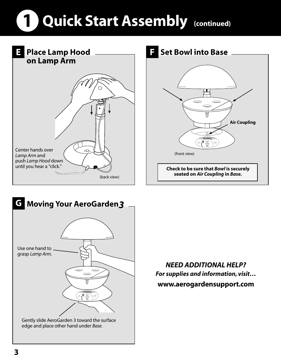 Quick start assembly, Place lamp hood on lamp arm, Set bowl into base | Moving your aerogarden | AeroGarden 100302-WHT User Manual | Page 4 / 16