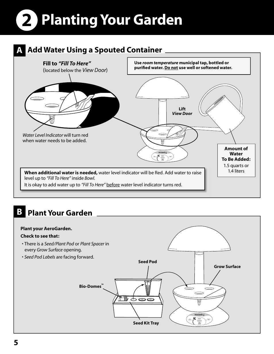 Planting your garden, 5add water using a spouted container, Plant your garden | Fill to “fill to here, View door ) | AeroGarden 100302-WHT User Manual | Page 6 / 16