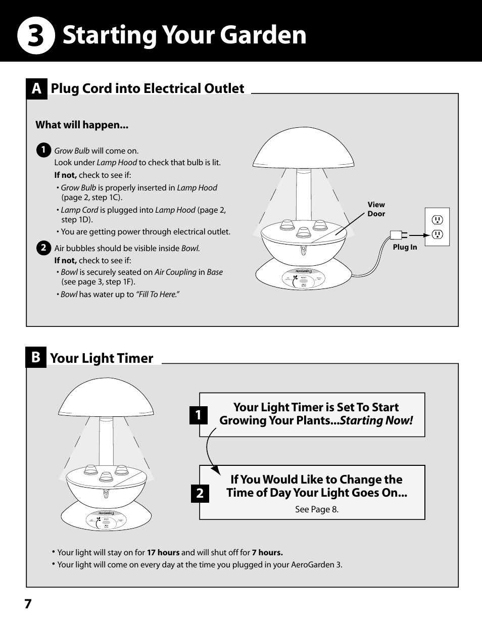 Starting your garden, Plug cord into electrical outlet, Your light timer | AeroGarden 100302-WHT User Manual | Page 8 / 16