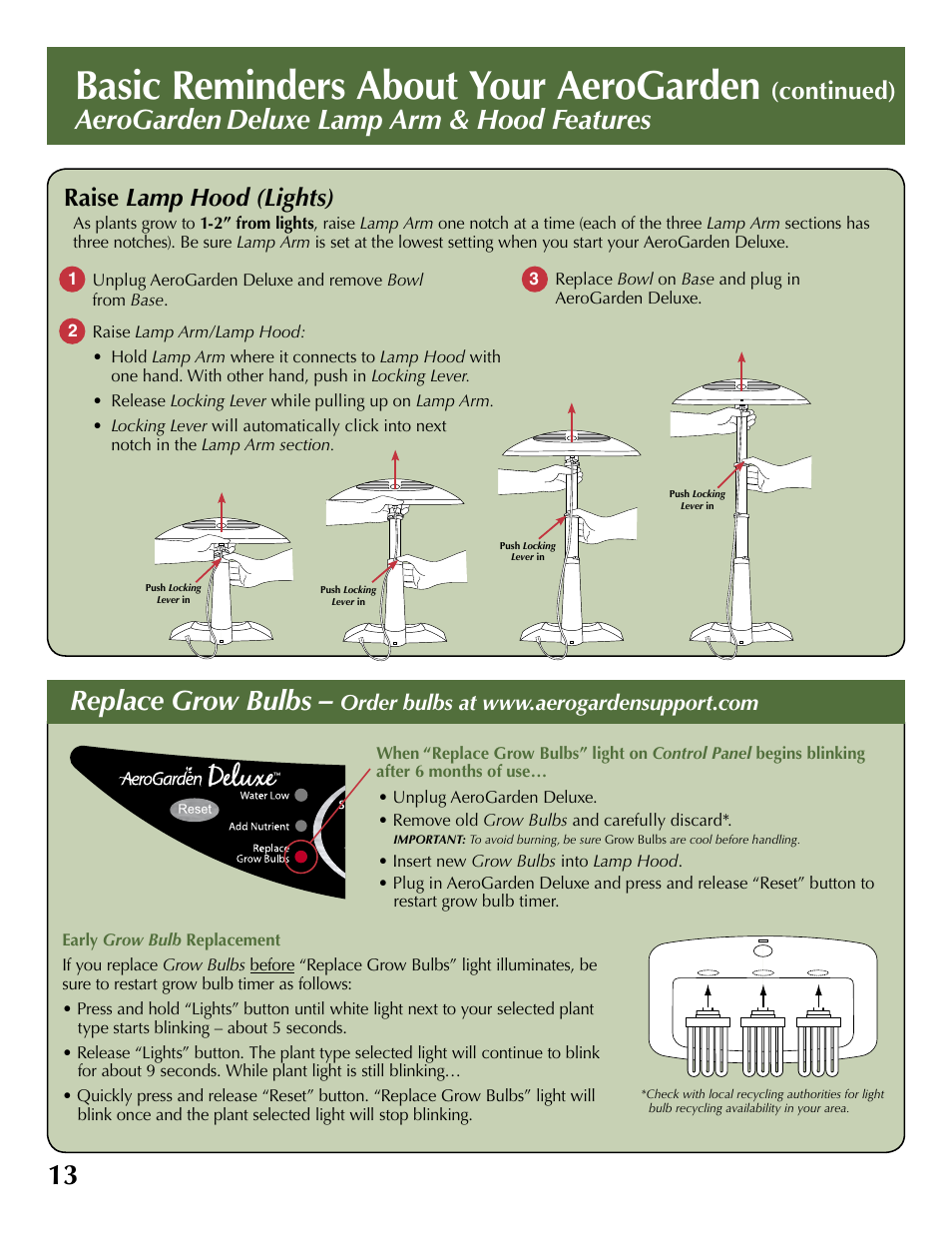 Basic reminders about your aerogarden, Aerogarden deluxe lamp arm & hood features, Replace grow bulbs | Continued), Raise lamp hood (lights) | AeroGarden Deluxe 100733-WHT User Manual | Page 14 / 16