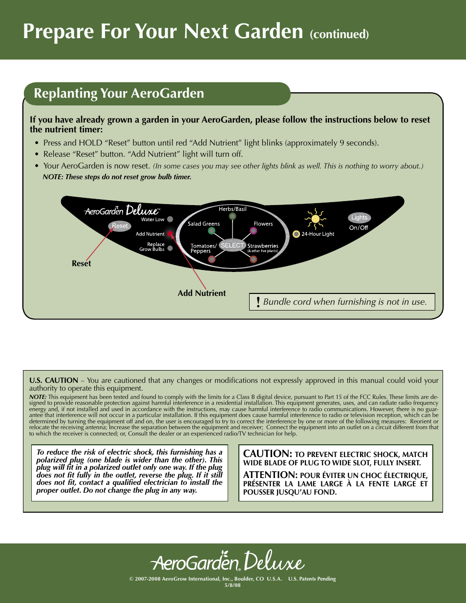 Prepare for your next garden, Replanting your aerogarden, Continued | Caution | AeroGarden Deluxe 100733-WHT User Manual | Page 16 / 16