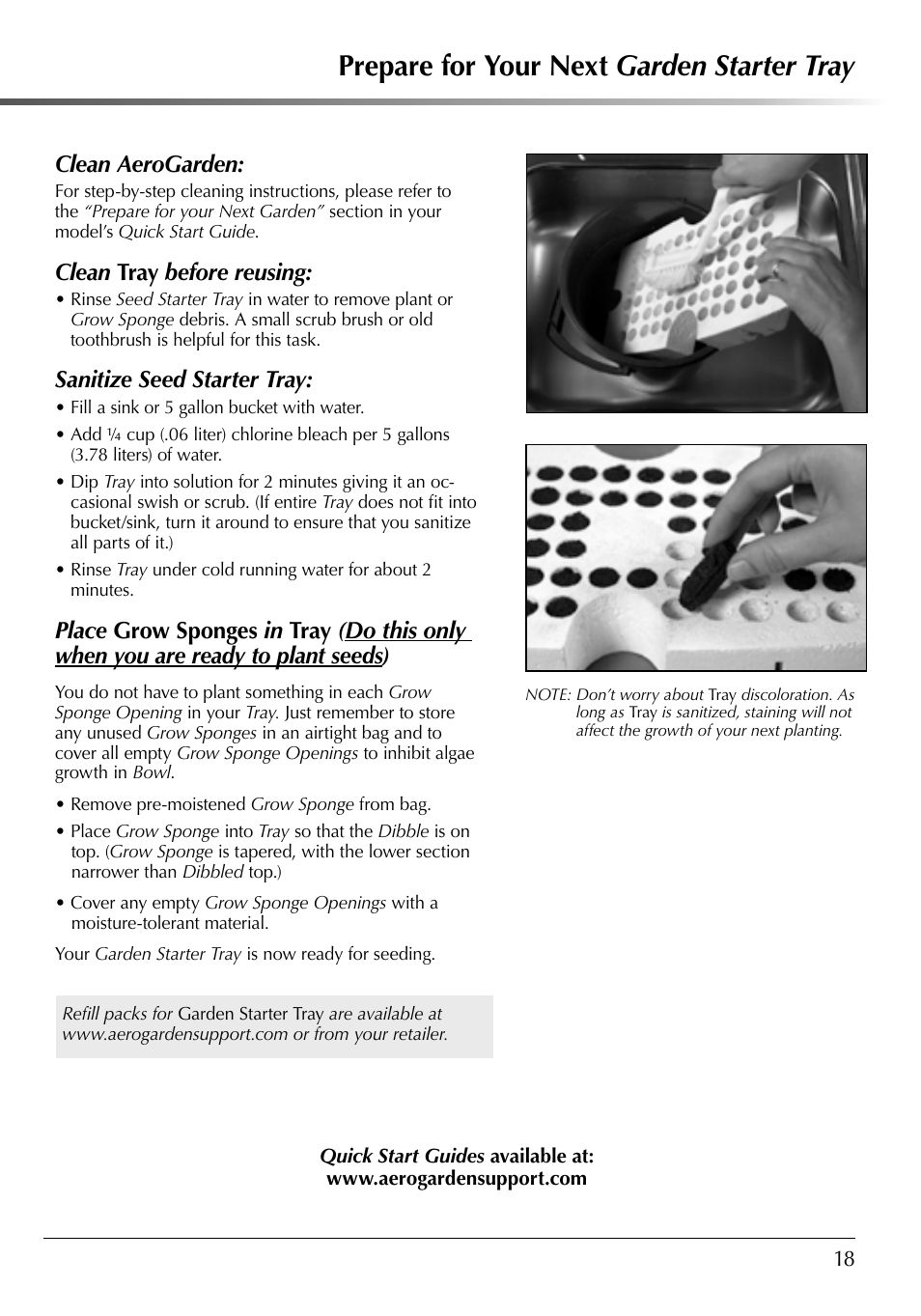 Prepare for your next garden starter tray, Clean aerogarden, Clean tray before reusing | Sanitize seed starter tray | AeroGarden 507140-0000 AD User Manual | Page 19 / 26