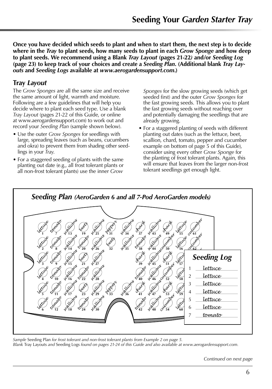 Seeding your garden starter tray, Seeding log, Seeding plan | Tray layout, Aerogarden 6 and all 7-pod aerogarden models), Continued on next page | AeroGarden 507140-0000 AD User Manual | Page 7 / 26