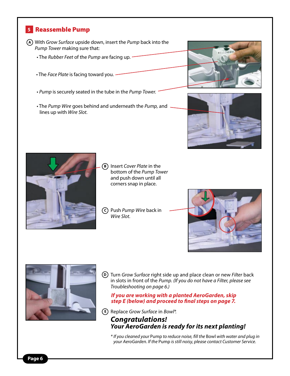 Reassemble pump, Your aerogarden is ready for its next planting | AeroGarden PRO User Manual | Page 6 / 8