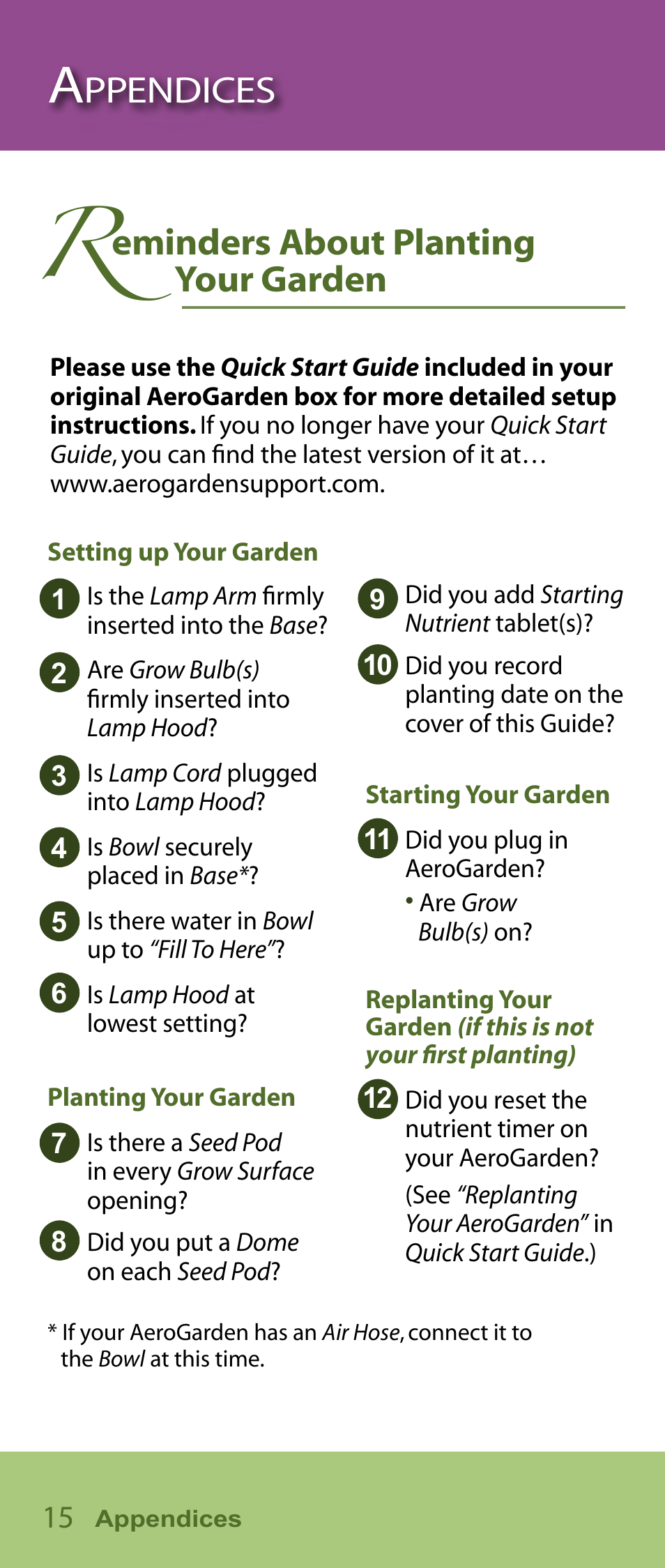 Ppendices, Eminders about planting your garden | AeroGarden Flower Series User Manual | Page 16 / 22