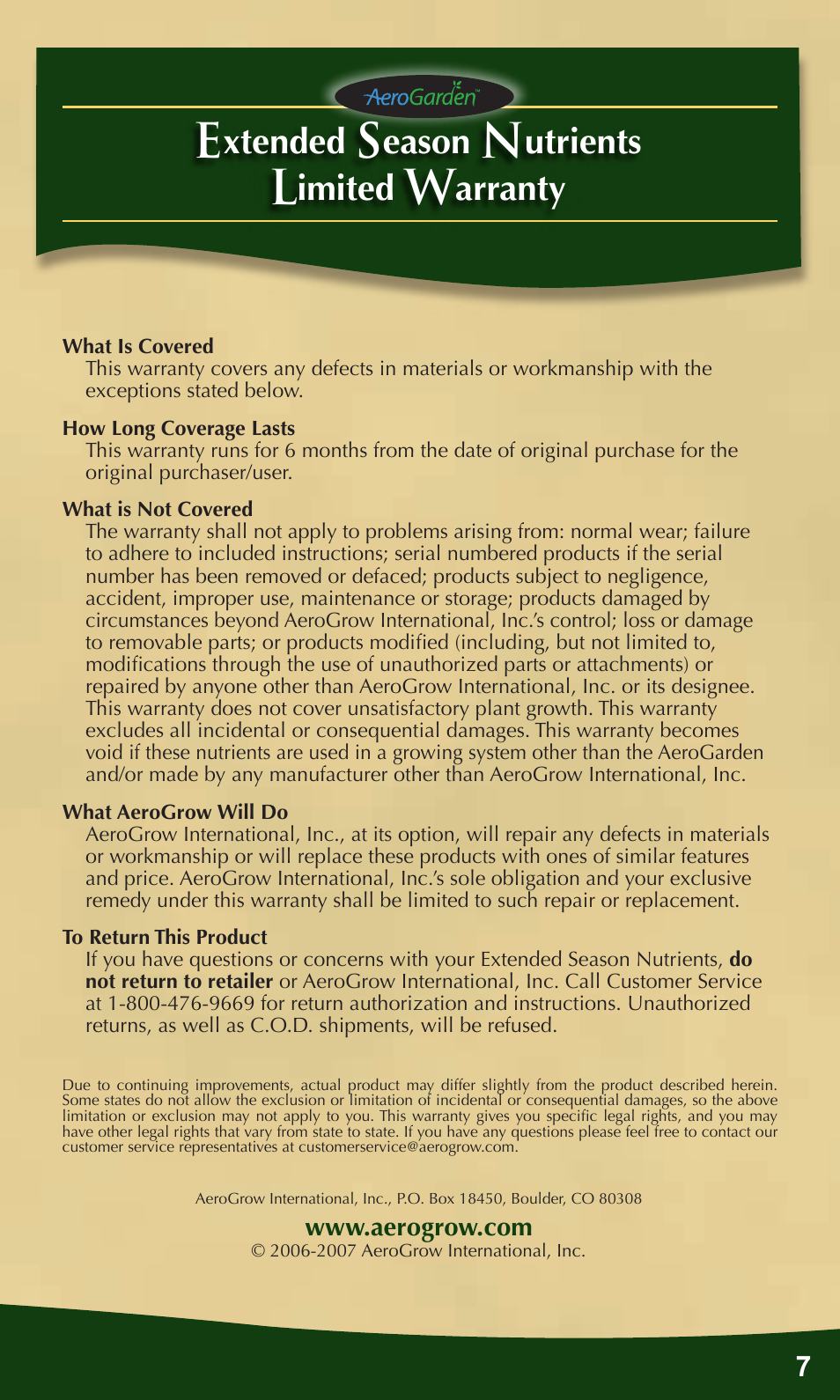 Xtended, Eason, Utrients | Imited, Arranty | AeroGarden Extended Season User Manual | Page 7 / 8