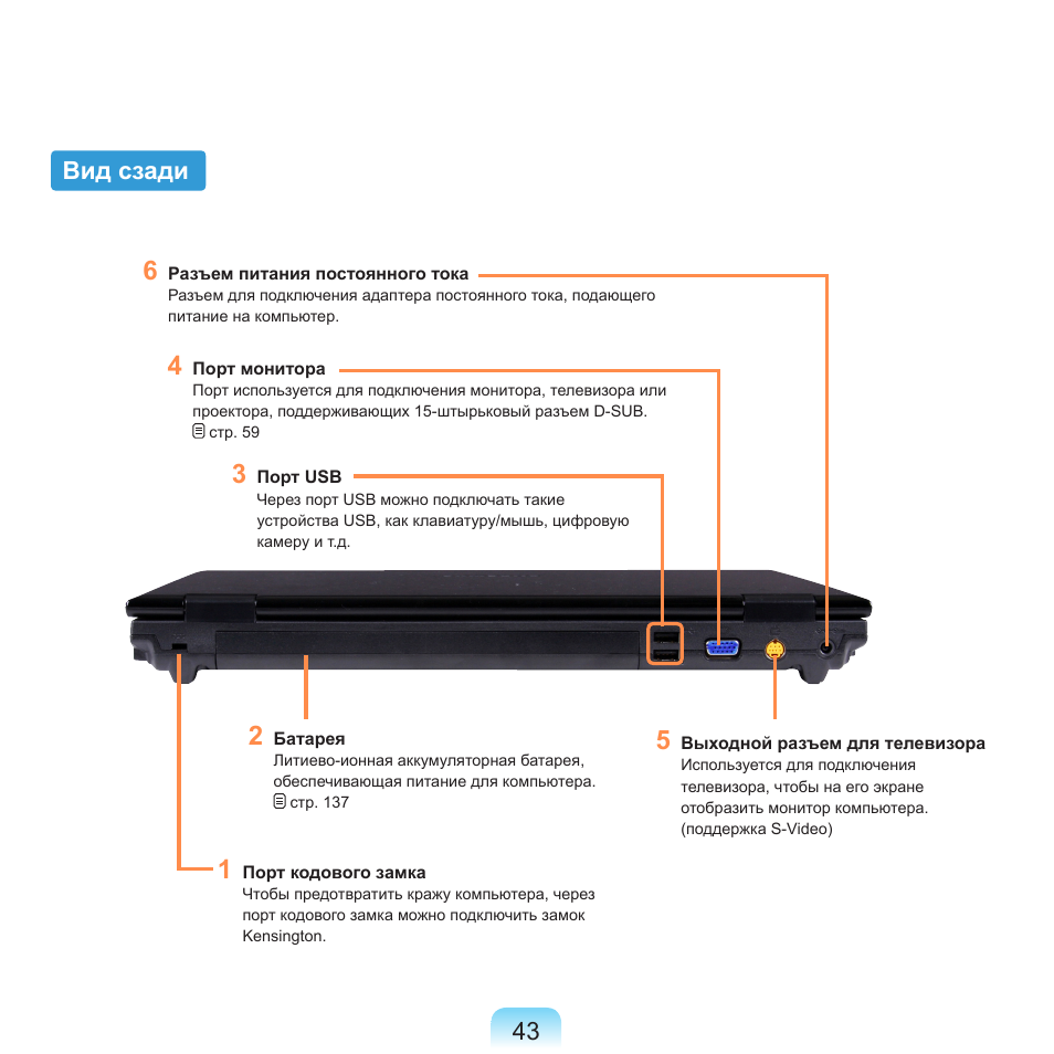 Вид сзади, 43 вид сзади | Samsung NP-R40P User Manual | Page 44 / 195