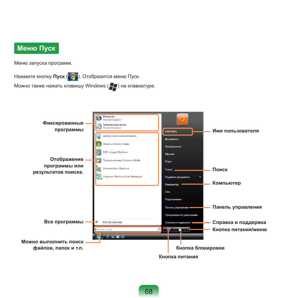 Меню пуск, 68 меню пуск | Samsung NP-R40P User Manual | Page 69 / 195