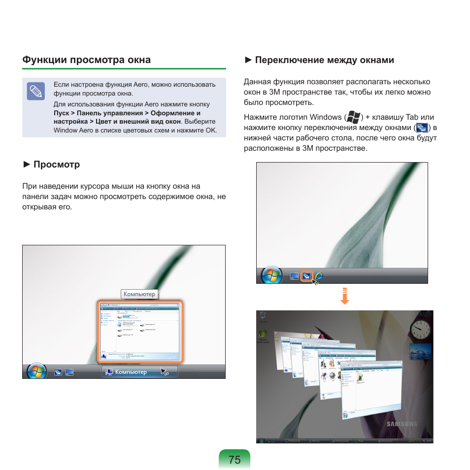 Функции просмотра окна | Samsung NP-R40P User Manual | Page 76 / 195