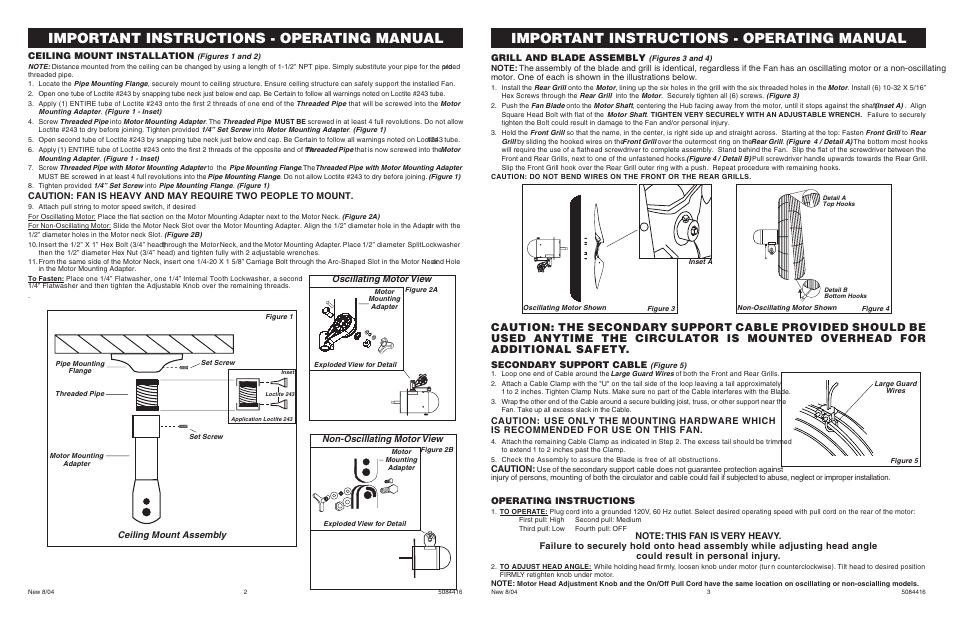 Important instructions - operating manual, Ceiling mount installation, Grill and blade assembly | Operating instructions, Secondary support cable, Caution, Non-oscillating motor view ceiling mount assembly, Oscillating motor view | Air King 9371 User Manual | Page 2 / 2
