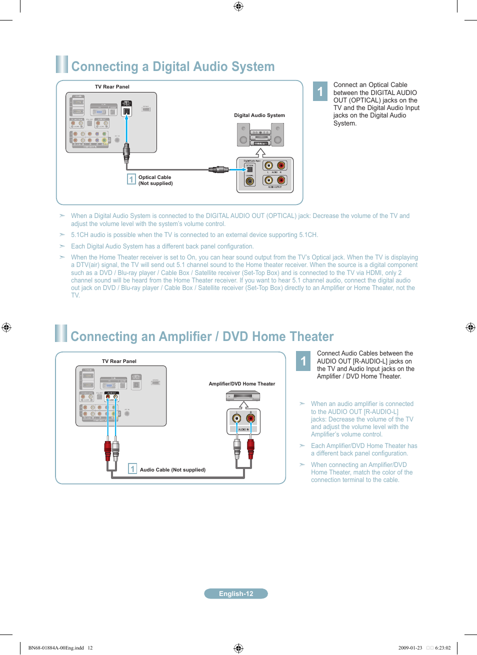 Connecting a digital audio system, Connecting an amplifier / dvd home theater | Samsung LN32B530P7FXZA User Manual | Page 12 / 20