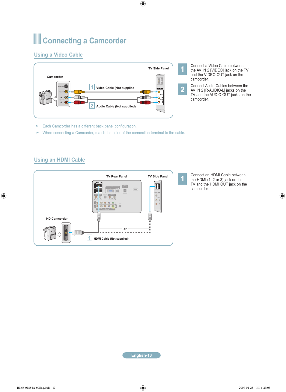 Connecting a camcorder, Using a video cable, Using an hdmi cable | Samsung LN32B530P7FXZA User Manual | Page 13 / 20