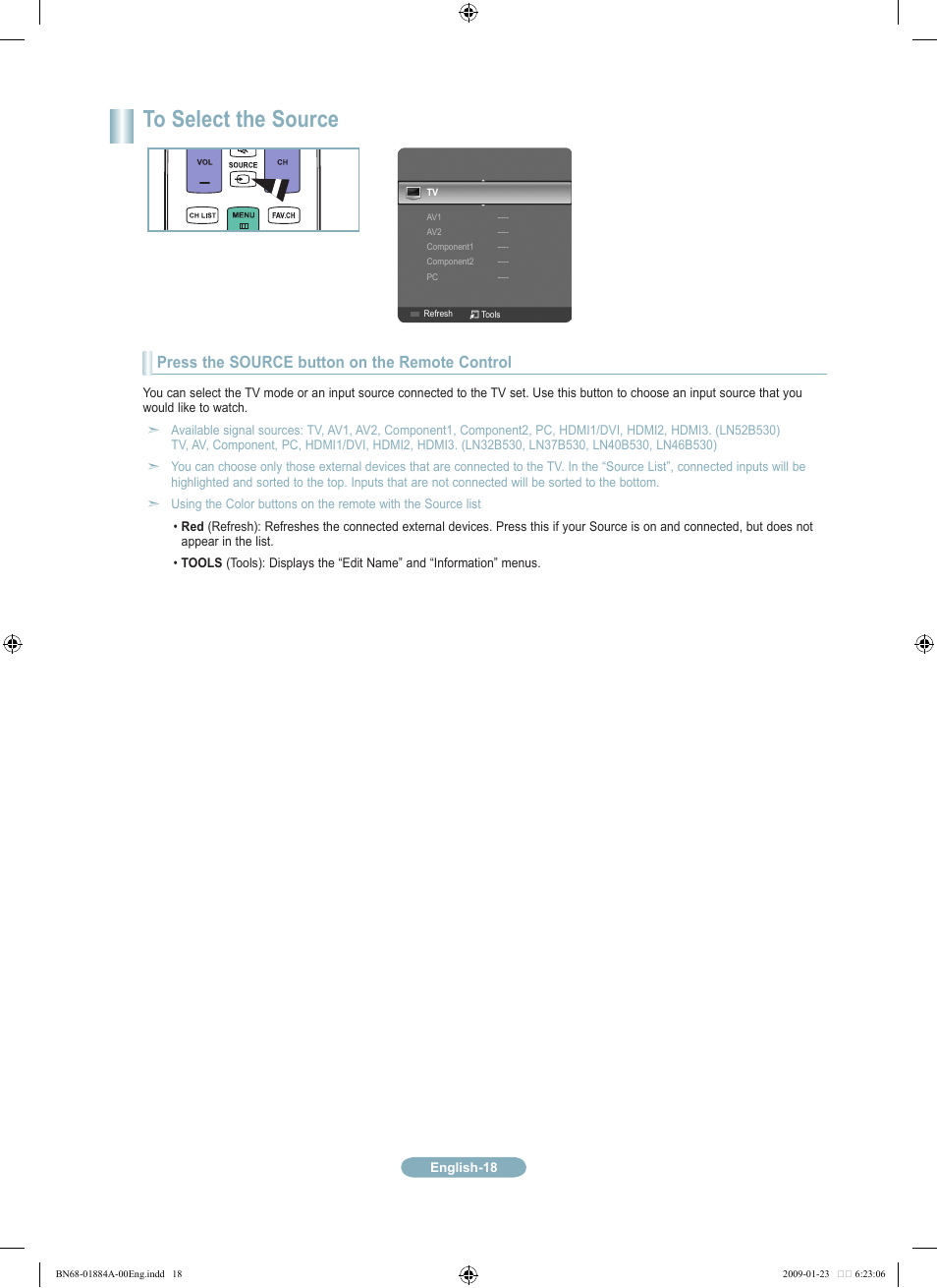 Press the source button on the remote control | Samsung LN32B530P7FXZA User Manual | Page 18 / 20