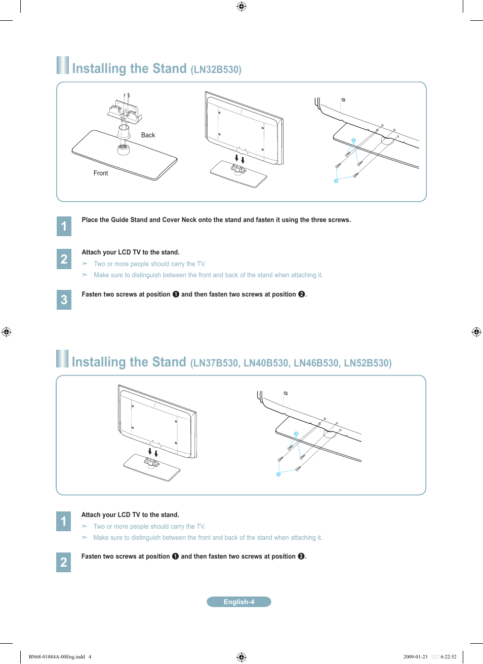 Installing the stand, Ln3b530) | Samsung LN32B530P7FXZA User Manual | Page 4 / 20