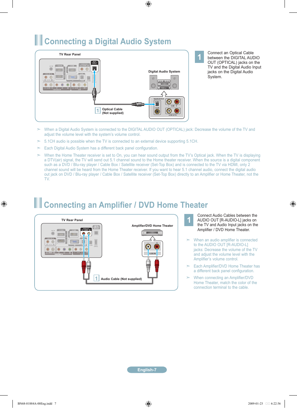 Connecting a digital audio system, Connecting an amplifier / dvd home theater | Samsung LN32B530P7FXZA User Manual | Page 7 / 20