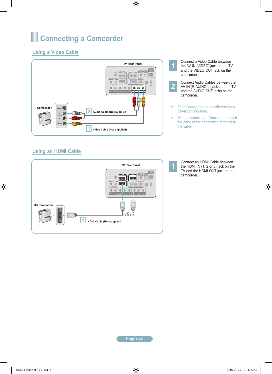 Connecting a camcorder, Using a video cable, Using an hdmi cable | Samsung LN32B530P7FXZA User Manual | Page 8 / 20
