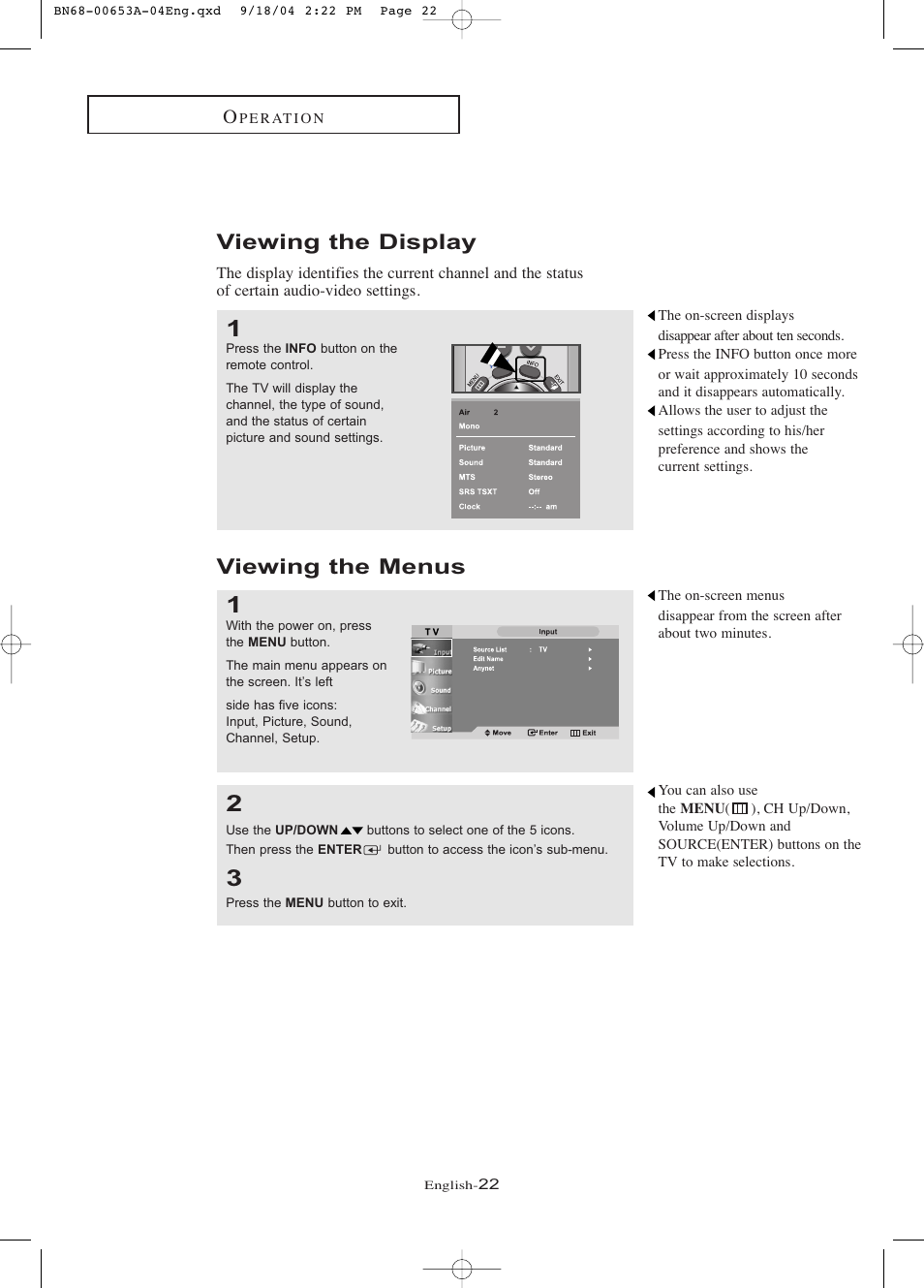 Turning the tv on and off, Viewing the display, Viewing the menus | Samsung LTP326WX-XAA User Manual | Page 27 / 91