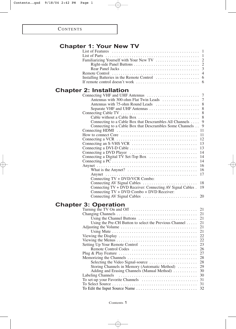 Chapter 1: your new tv, Chapter 2: installation, Chapter 3: operation | Samsung LTP326WX-XAA User Manual | Page 4 / 91