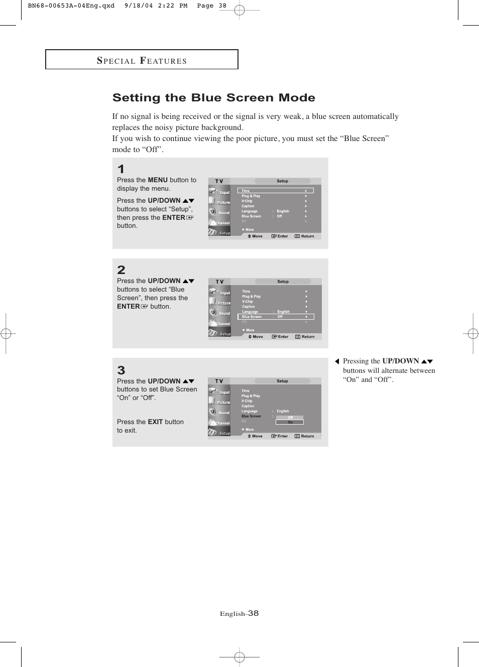Setting the blue screen mode | Samsung LTP326WX-XAA User Manual | Page 43 / 91