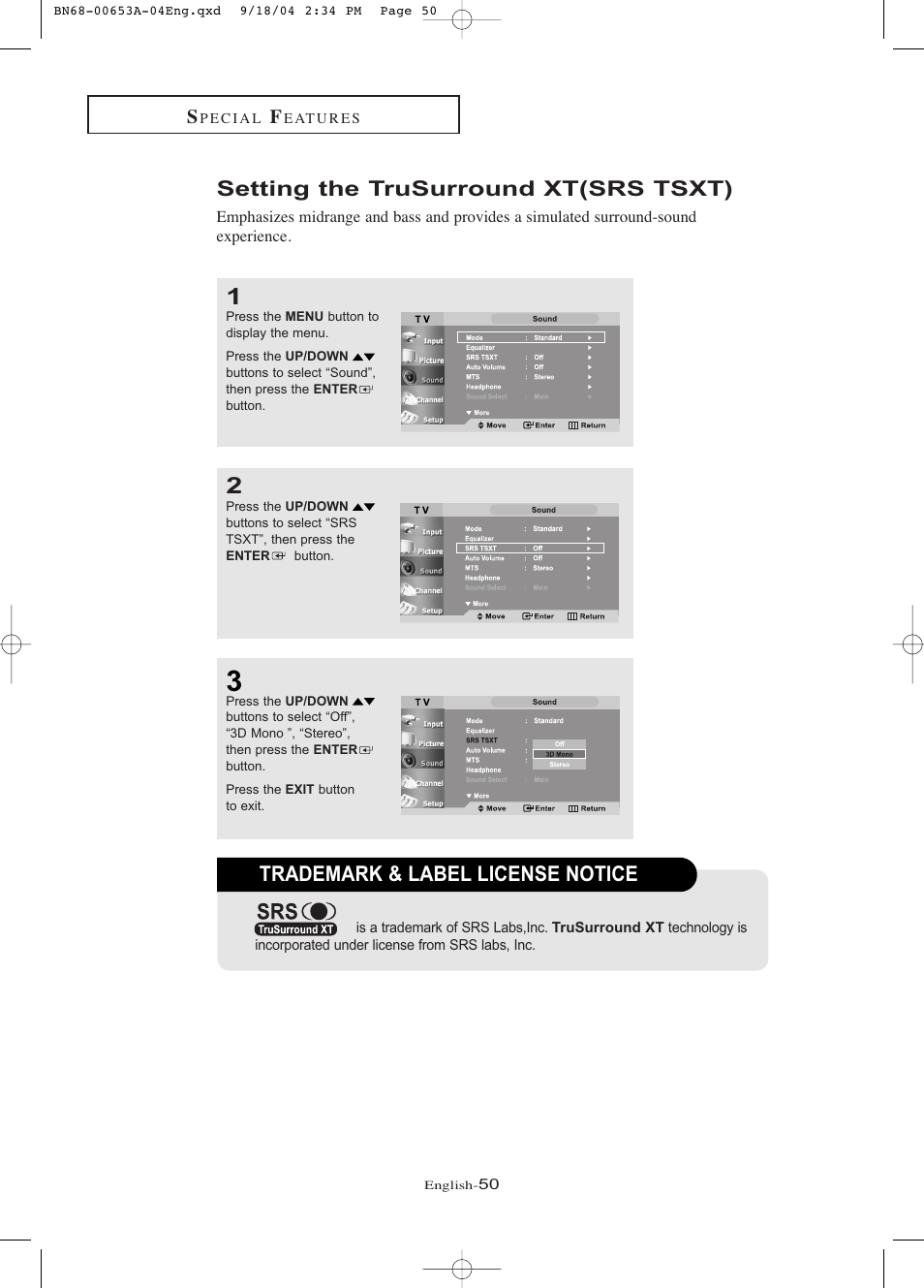 Setting the trusurround xt (srs tsxt), Setting the trusurround xt(srs tsxt), Trademark & label license notice | Samsung LTP326WX-XAA User Manual | Page 55 / 91