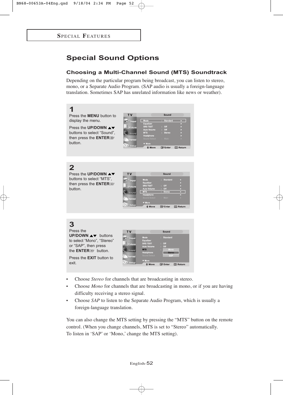 Special sound options | Samsung LTP326WX-XAA User Manual | Page 57 / 91