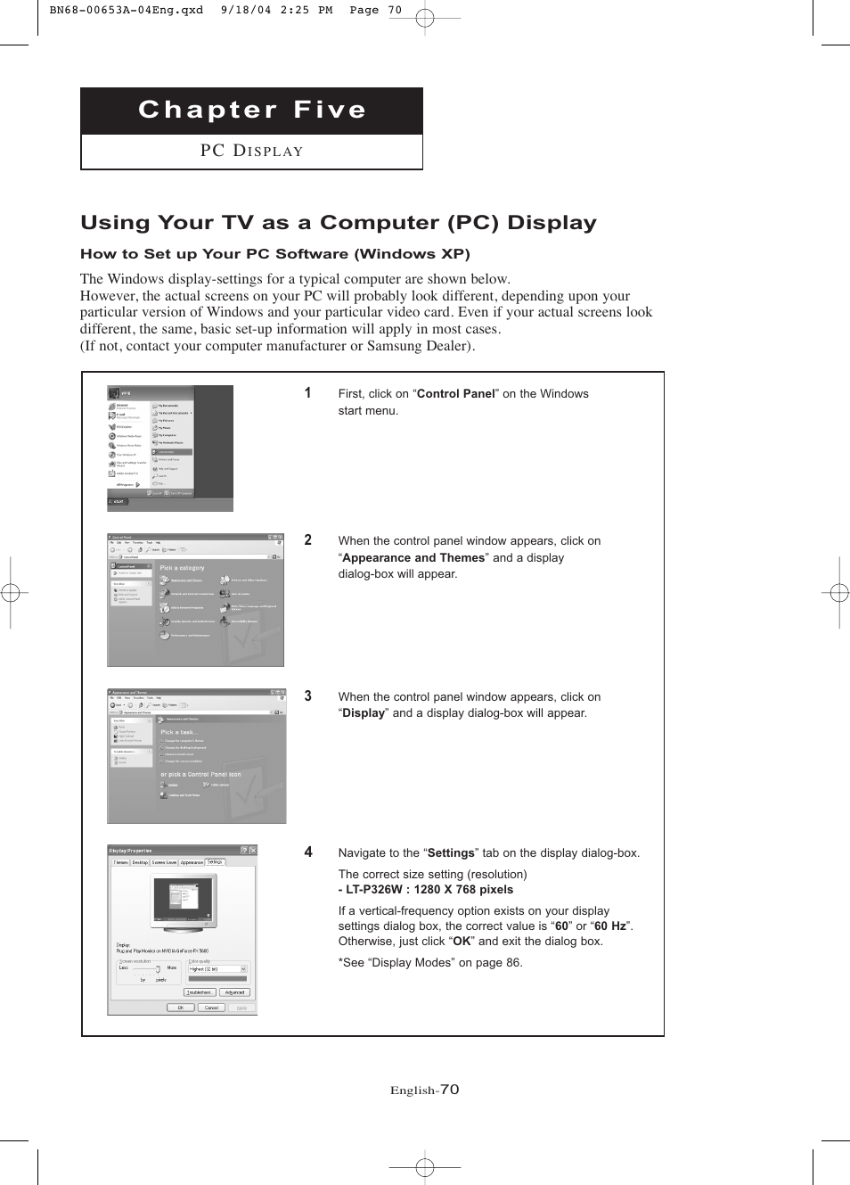 Chapter 5: pc display, Using your tv as a computer (pc) display, How to set up your pc software (windows xp) | P c d | Samsung LTP326WX-XAA User Manual | Page 75 / 91