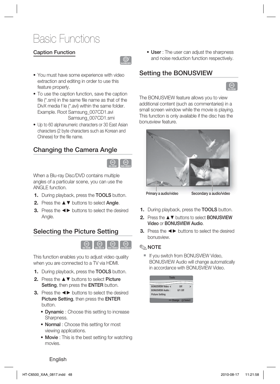 Basic functions, Hzzy, Changing the camera angle | Selecting the picture setting, Setting the bonusview | Samsung HT-C6500-XAA User Manual | Page 48 / 69