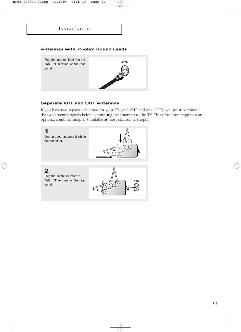 Antennas with 75-ohm round leads, Separate vhf and uhf antennas | Samsung HCP5241W3S-XAA User Manual | Page 12 / 65