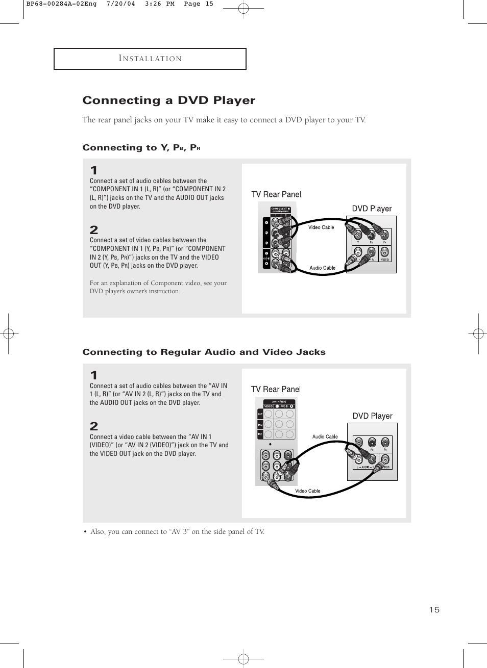 Connecting a dvd player, Connecting to y, pb, pr, Connecting to regular audio and video jacks | Samsung HCP5241W3S-XAA User Manual | Page 16 / 65
