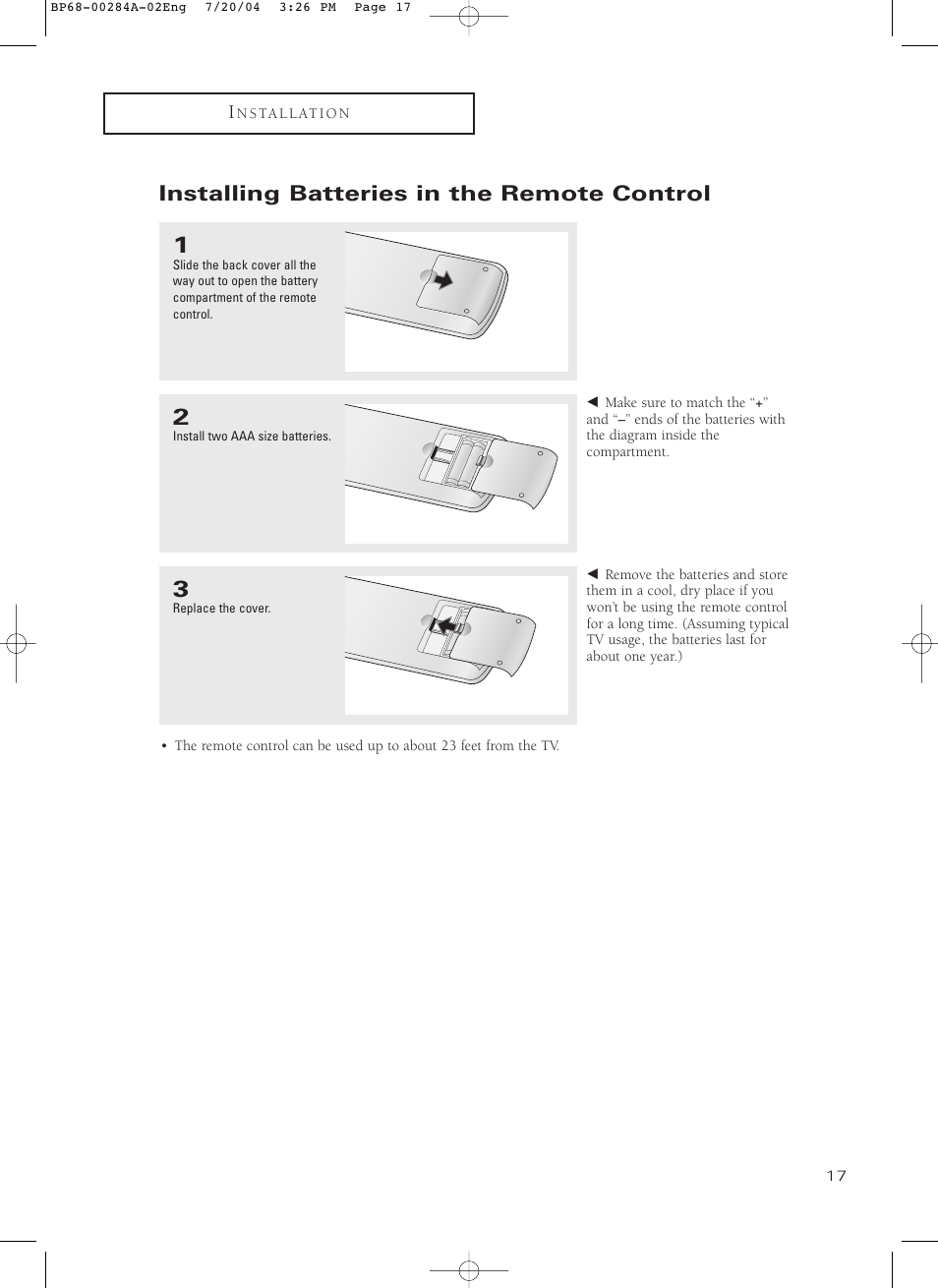 Installing batteries in the remote control | Samsung HCP5241W3S-XAA User Manual | Page 18 / 65