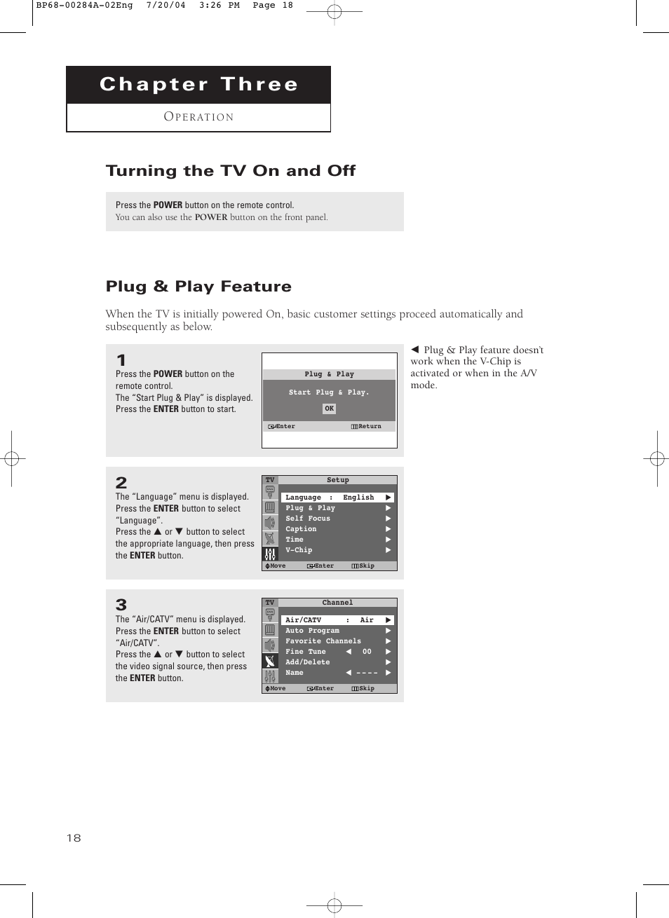 Chapter 3: operation, Turning the tv on and off, Plug & play feature | Samsung HCP5241W3S-XAA User Manual | Page 19 / 65