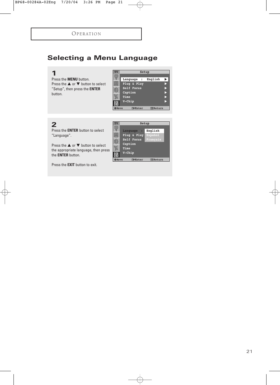 Selecting a menu language | Samsung HCP5241W3S-XAA User Manual | Page 22 / 65