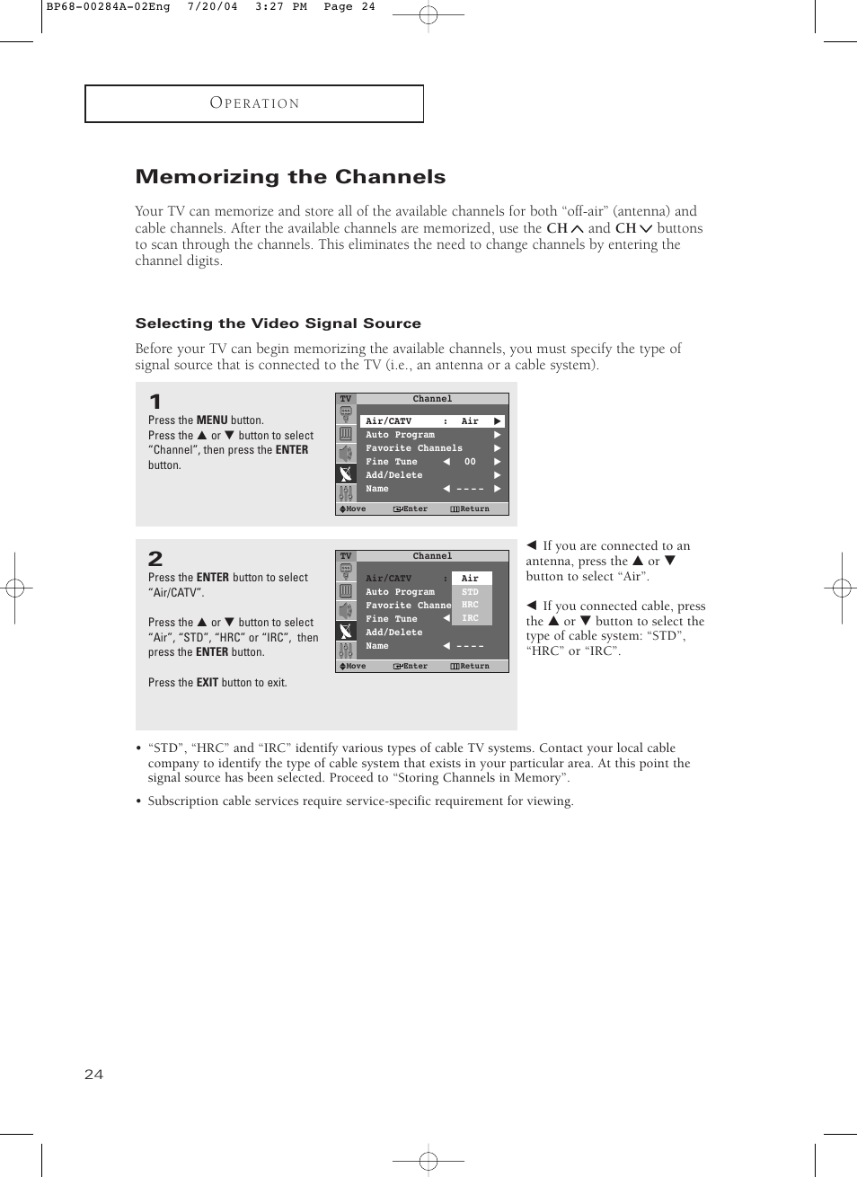Memorizing the channels, Selecting the video signal source | Samsung HCP5241W3S-XAA User Manual | Page 25 / 65
