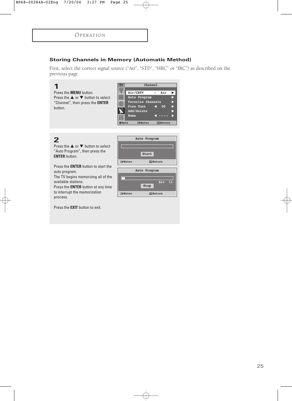 Storing channels in memory (automatic method) | Samsung HCP5241W3S-XAA User Manual | Page 26 / 65
