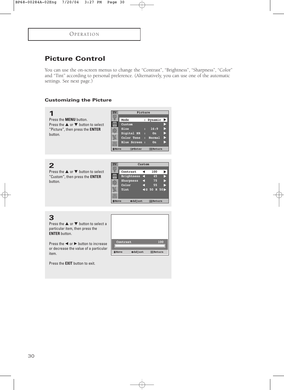 Picture control, Customizing the picture | Samsung HCP5241W3S-XAA User Manual | Page 31 / 65