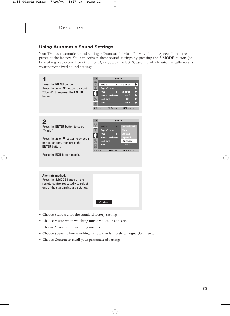 Using automatic sound settings | Samsung HCP5241W3S-XAA User Manual | Page 34 / 65
